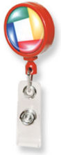 $2.16 each for 200.  Retract-A-Badge, Unique shapes,  Belt Clip, Custom Printed w/ Epoxy Dome. - More Details