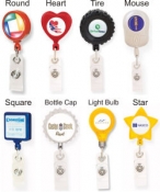Lot/200.  Retract-A-Badge, Unique shapes,  Belt Clip, Custom Printed w/ Epoxy Dome - Call For Price